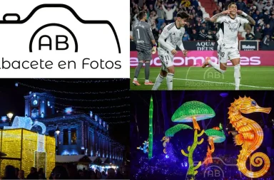 Collage fotográfico con el logo de la web Albacete en Fotos, una imagen de un partido del Albacete Balompié, y dos fotos de luces navideñas de Albacete